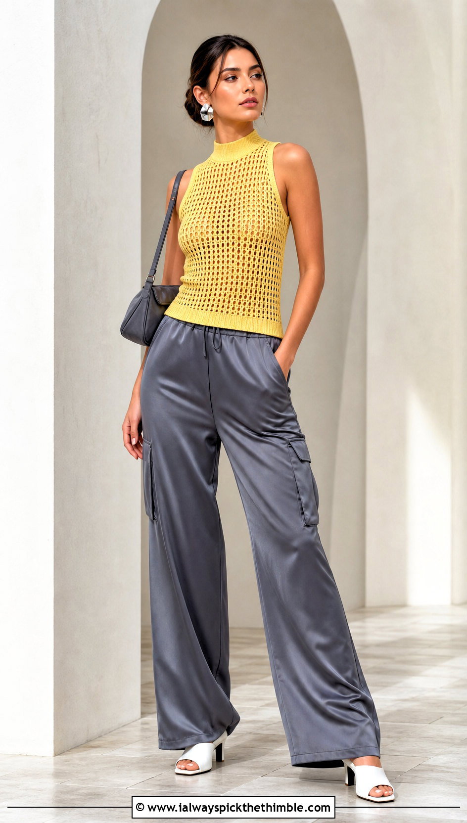 Mock Neck Crochet Top With Satin Cargo Pants - 25 crochet thread top outfit ideas