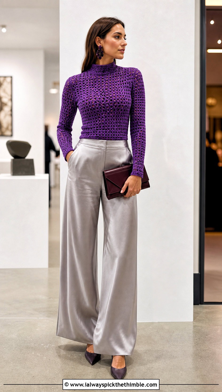 Mock Neck Crochet Top With Satin Pants - 25 crochet simple top outfit ideas