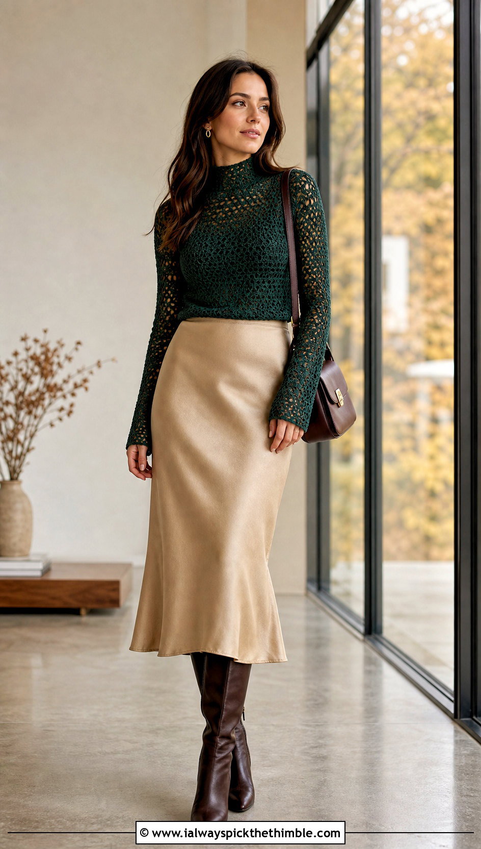 Mock Neck Crochet Top With Slip Skirt - 25 crochet top with sleeves outfit ideas
