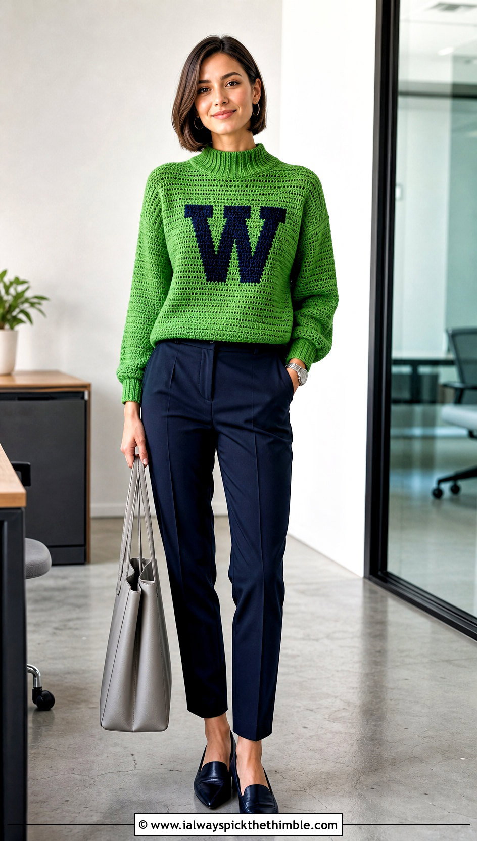 Mock Neck Crochet Weasley Sweater With Tailored Pants - 25 crochet weasley sweater outfit ideas