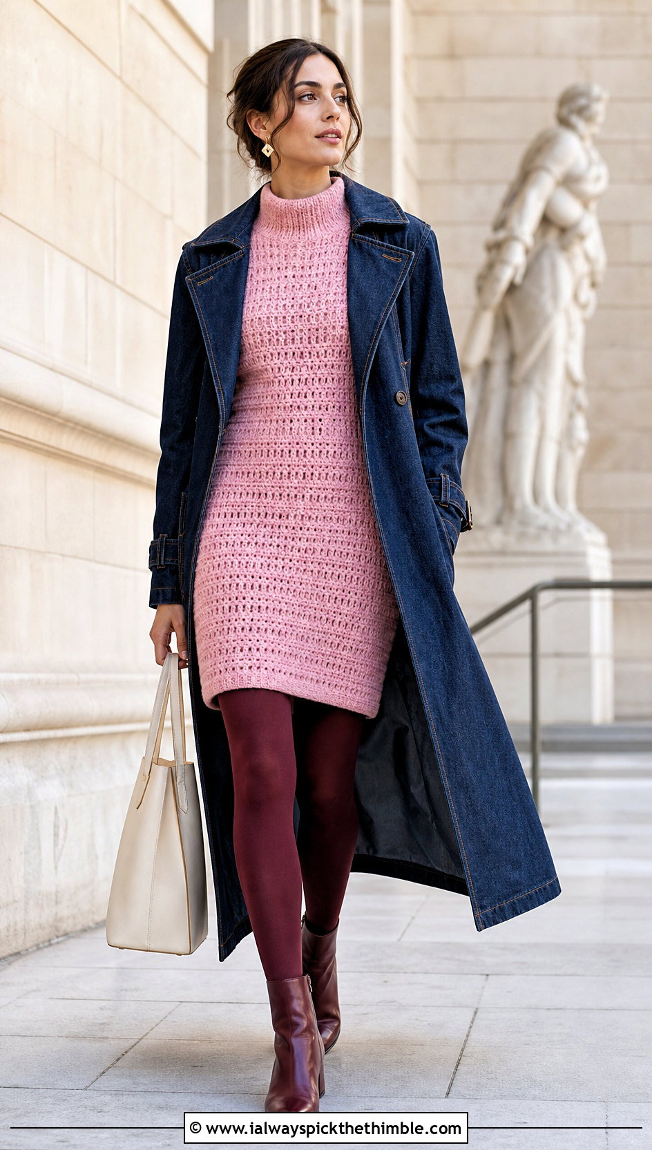 Mock Neck Crochet Winter Dress With Denim Trench Coat - 25 crochet winter dress outfit ideas