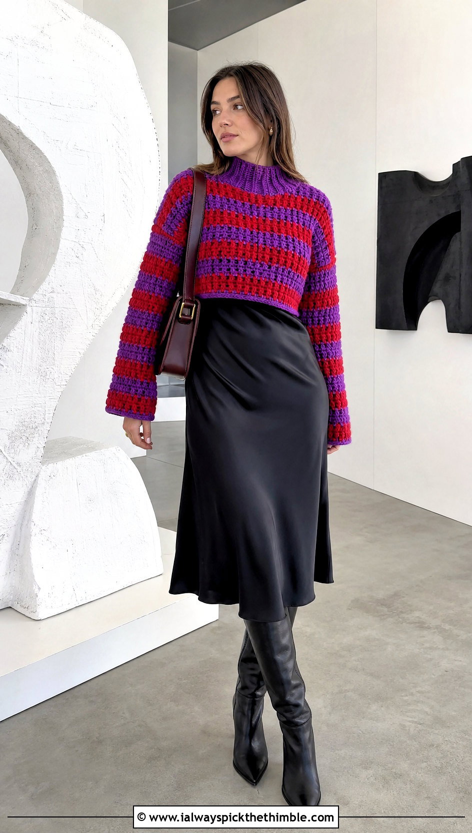 Mock Neck Crocheted Striped Sweater With Slip Dress - 20 Crocheted Striped Sweater outfit ideas