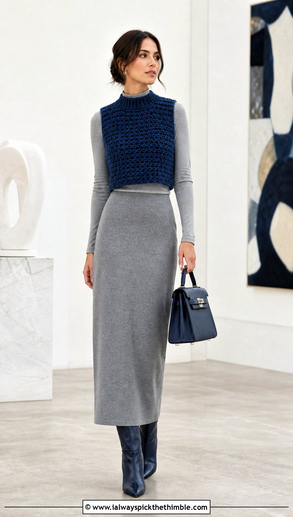 Mock Neck Cropped Crochet Sweater Vest With A Column Skirt - 15 Cropped Crochet Sweater Vest outfit ideas