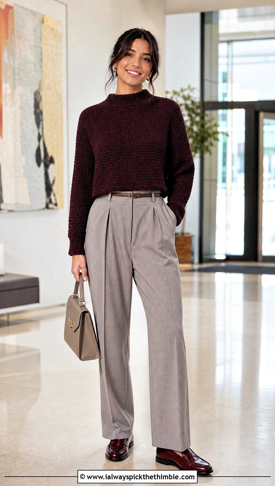 Mock Neck Cropped Crochet Sweater With Pleated Pants - 20 Easy Crochet Cropped Sweater outfit ideas