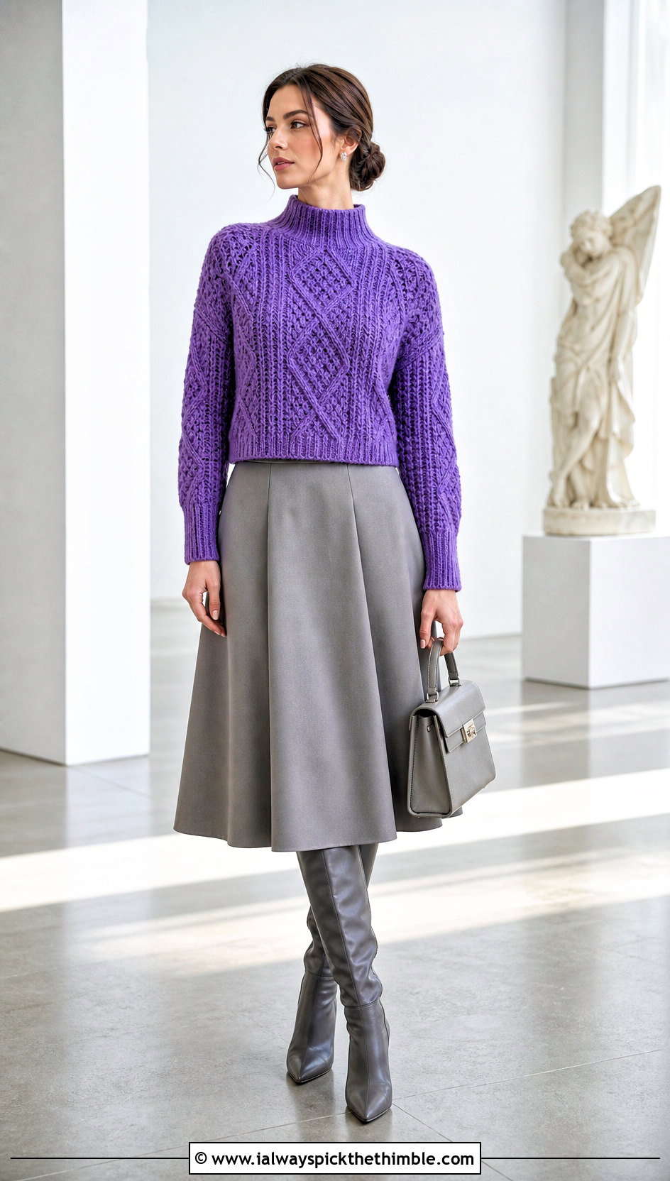 Mock Neck Diamond Cable Fisherman Crochet Sweater With Midi Skirt - 20 Fisherman Crochet Sweater outfit ideas