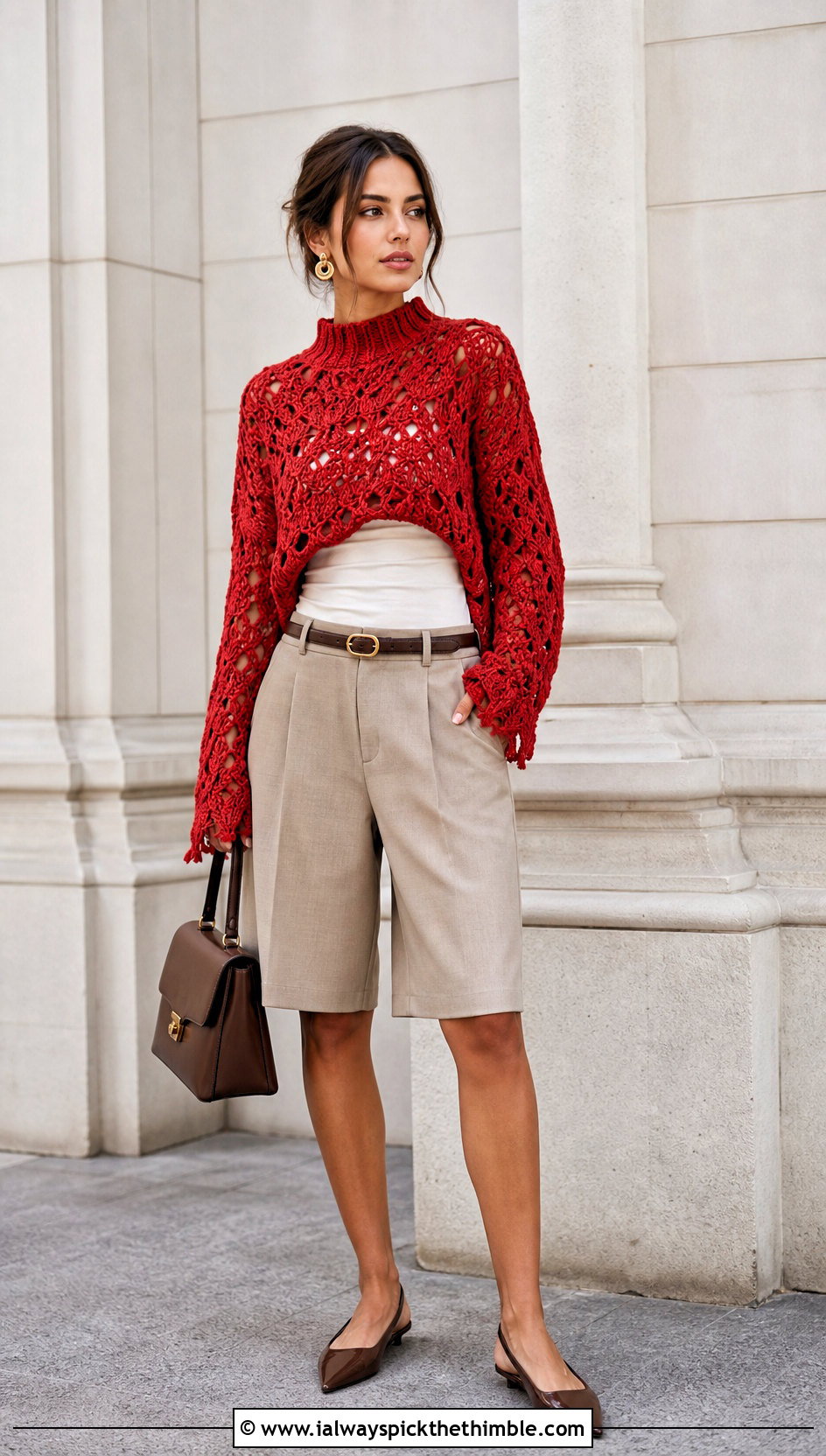 Mock Neck Distressed Crochet Sweater With Tailored Shorts - 25 distressed crochet sweater outfit ideas
