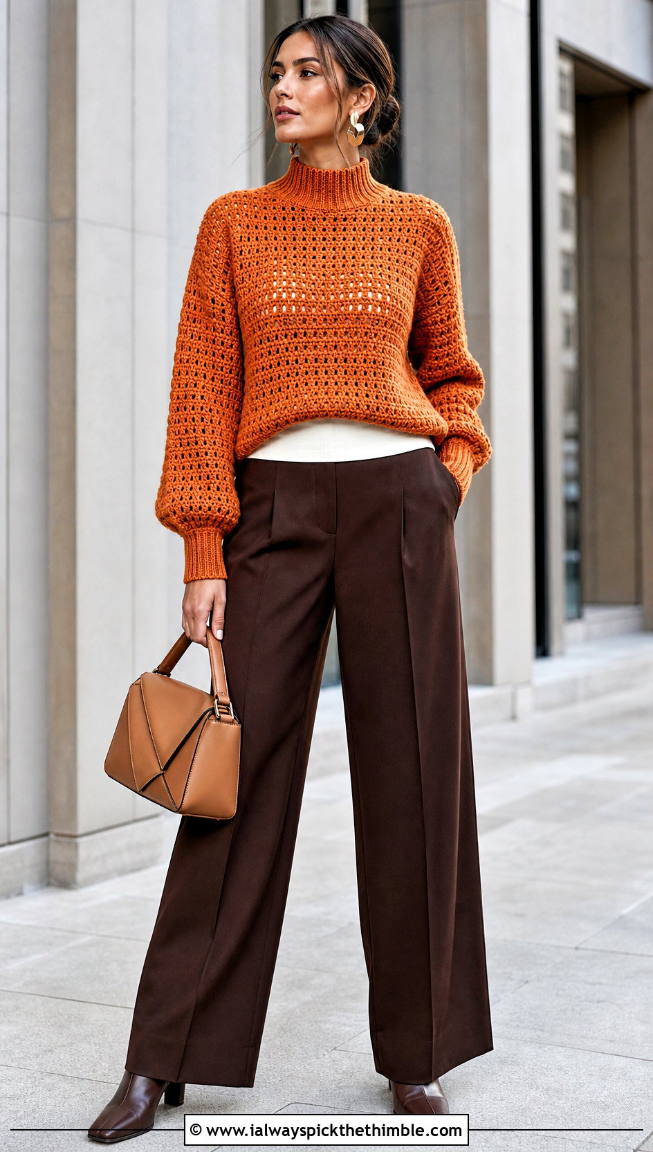 Mock Neck Double Crochet Sweater With Wide Leg Pants - 25 double crochet sweater outfit ideas