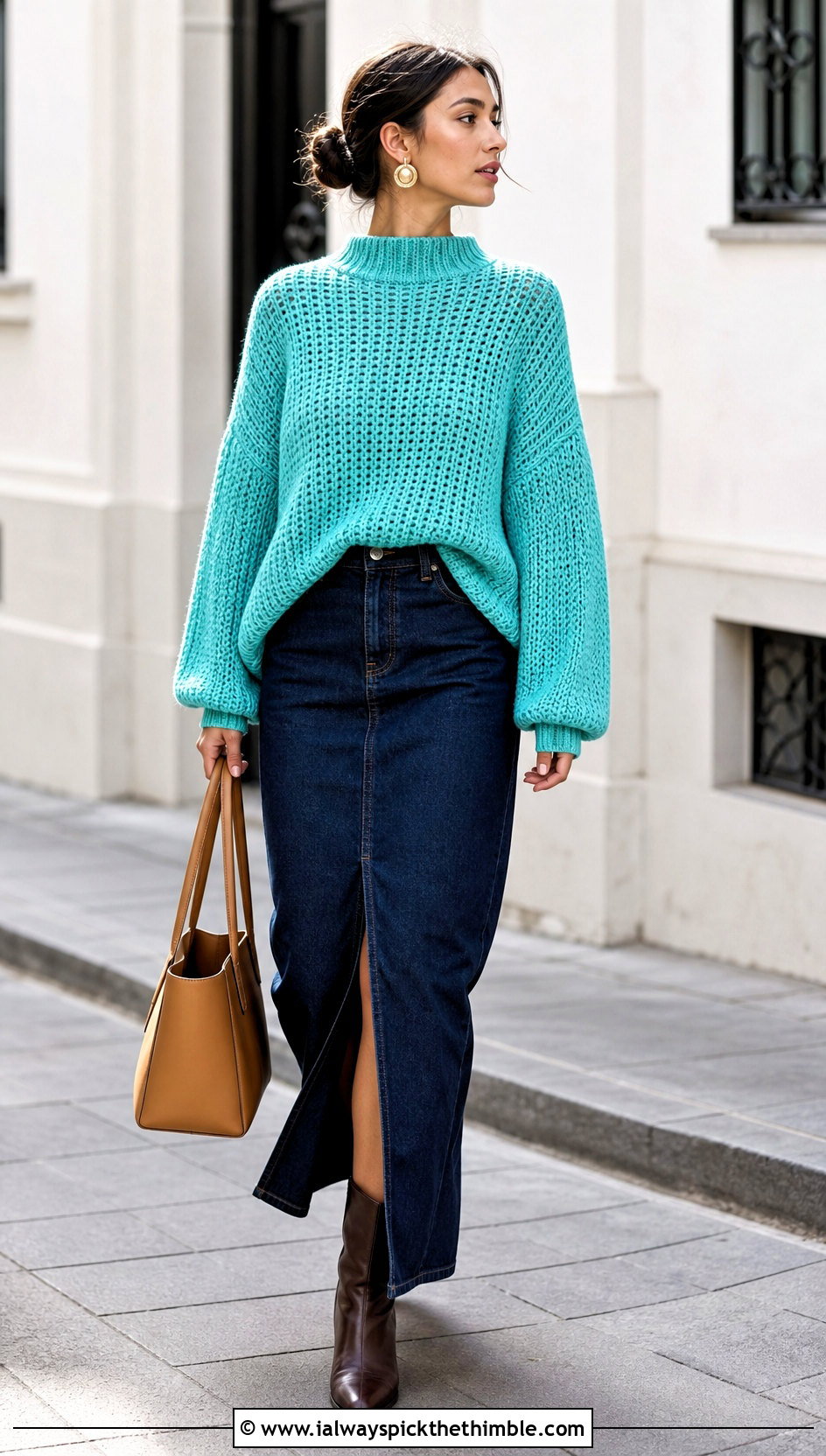 Mock Neck Drop Shoulder Oversized Crochet Sweater With Denim Maxi Skirt - 15 Oversized Crochet Sweaters outfit ideas