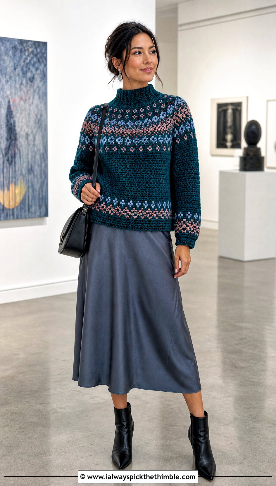 Mock Neck Fair Isle Crochet Sweater With Satin Midi Skirt - 20 fair isle crochet sweater outfit ideas