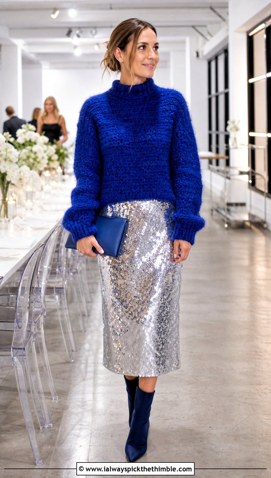 Mock Neck Fluffy Crochet Sweater With Sequin Skirt - 25 fluffy crochet sweater outfit ideas