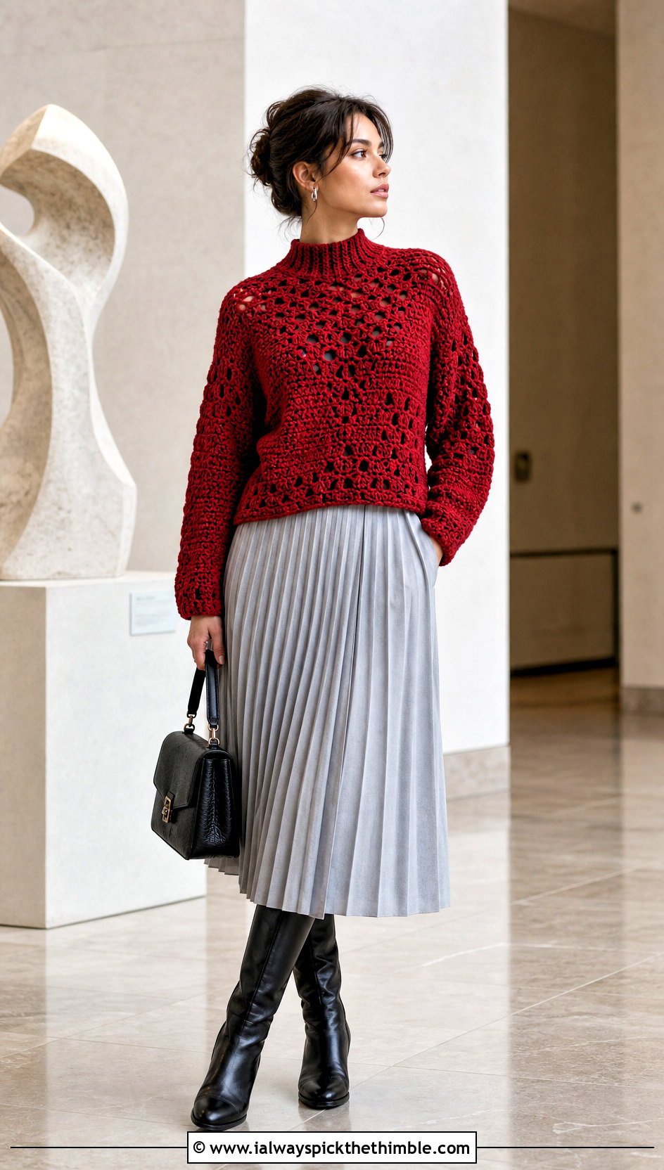Mock Neck Freeform Crochet Sweater With a Pleated Midi Skirt - 20 freeform crochet sweater outfit ideas