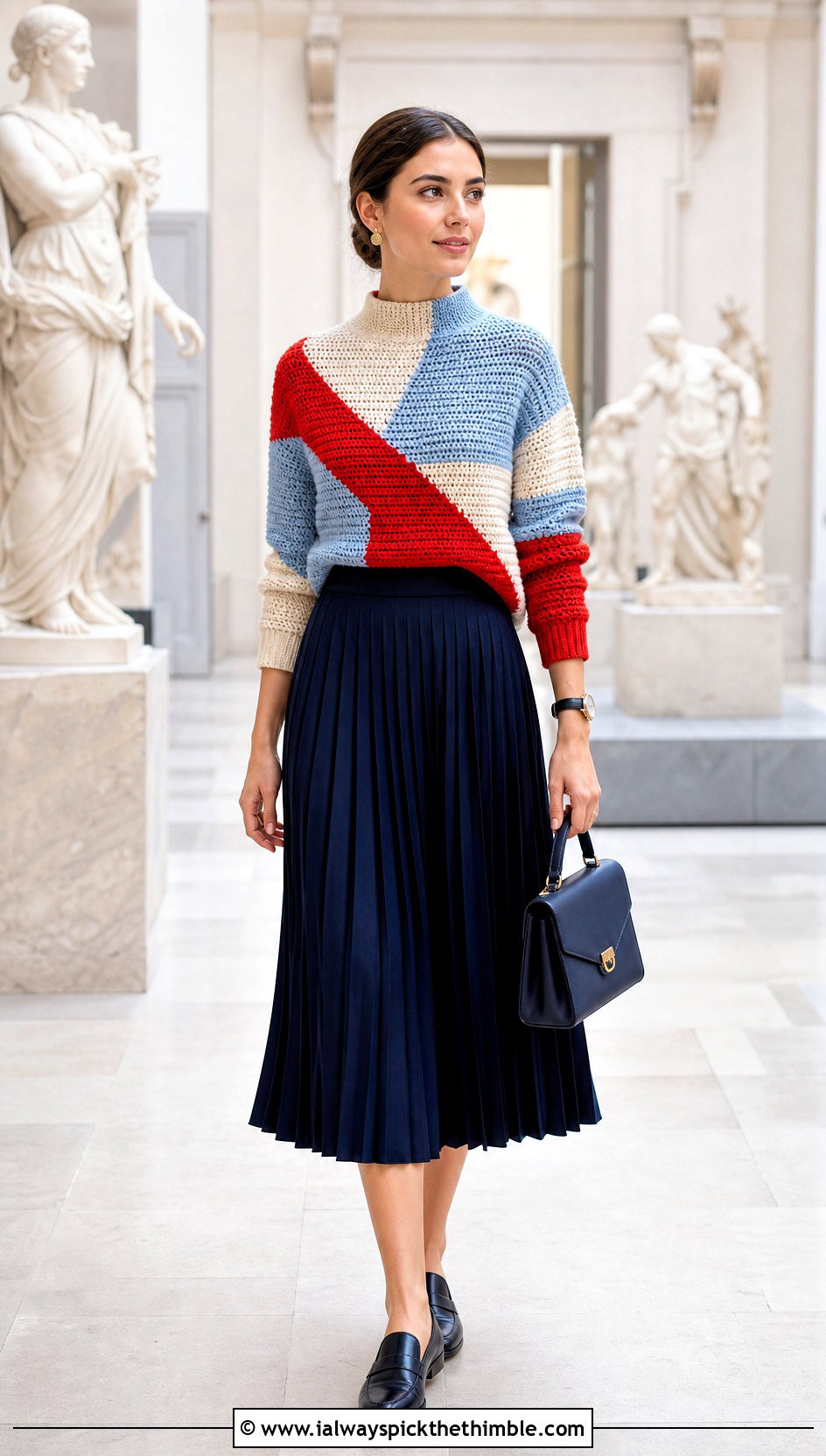 Mock Neck Geometric Color Block Crochet Sweater With Pleated Skirt - 20 Color Block Crochet Sweater outfit ideas