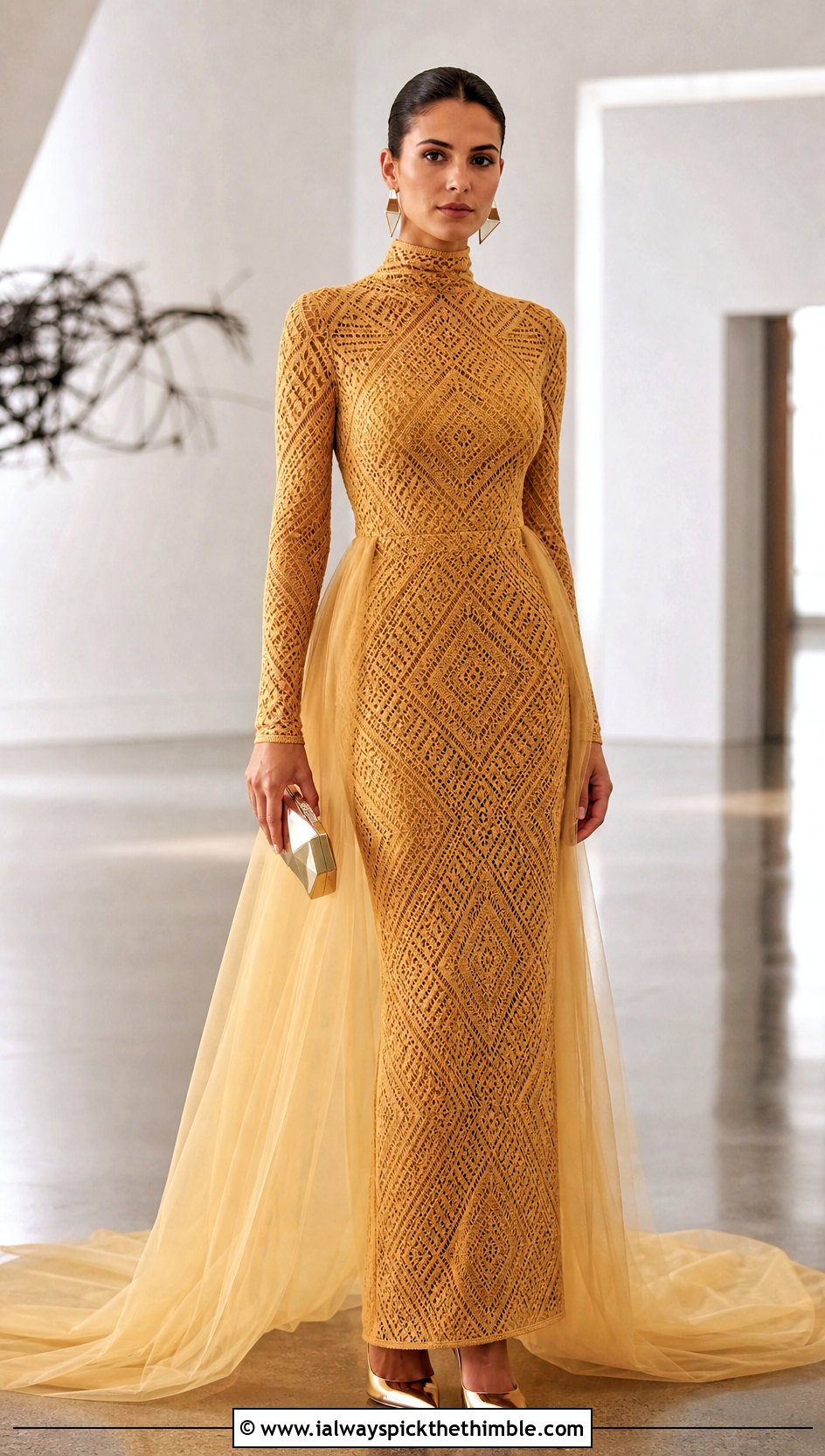 Mock Neck Geometric Crochet Wedding Dress - 15 long sleeve crochet wedding dress outfit ideas