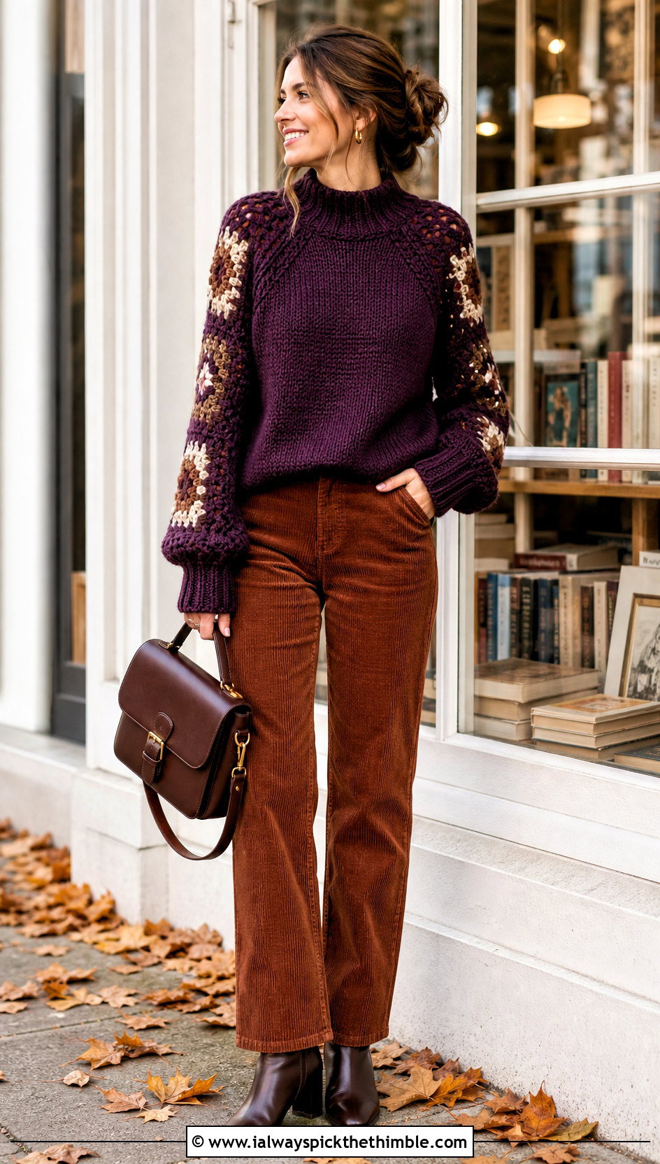 Mock Neck Granny Raglan Sweater With Corduroy Pants - 20 Crochet Granny Raglan Sweater outfit ideas