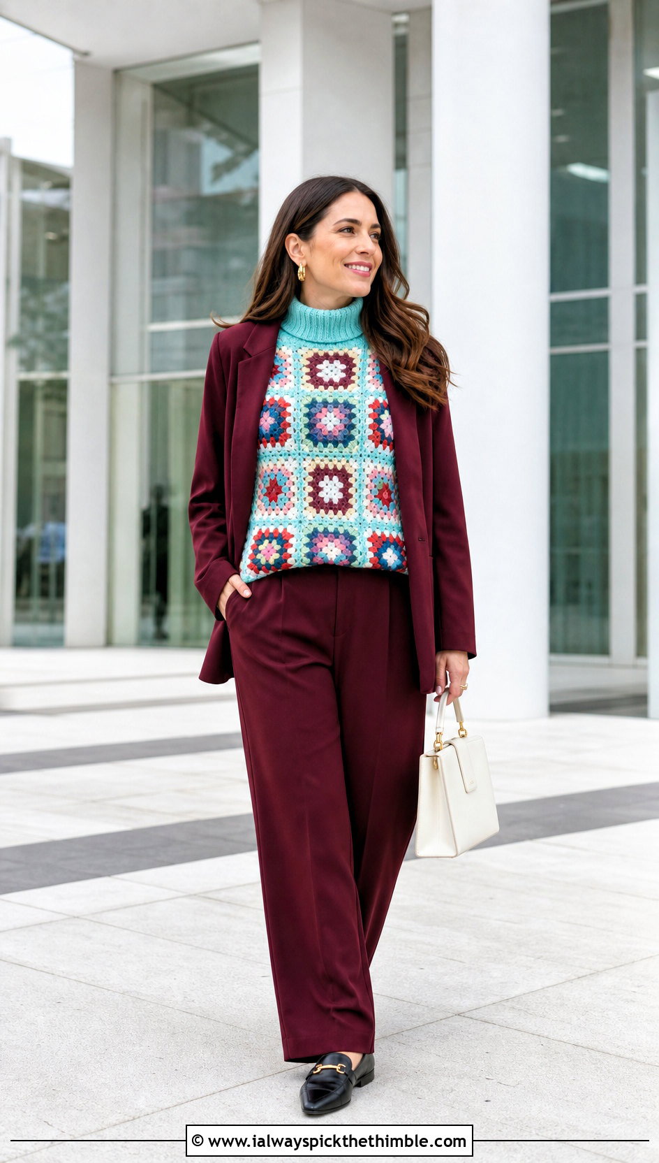 Mock Neck Granny Square Pullover Sweater With Matching Suit - 25 Granny Square Pullover Sweater outfit ideas