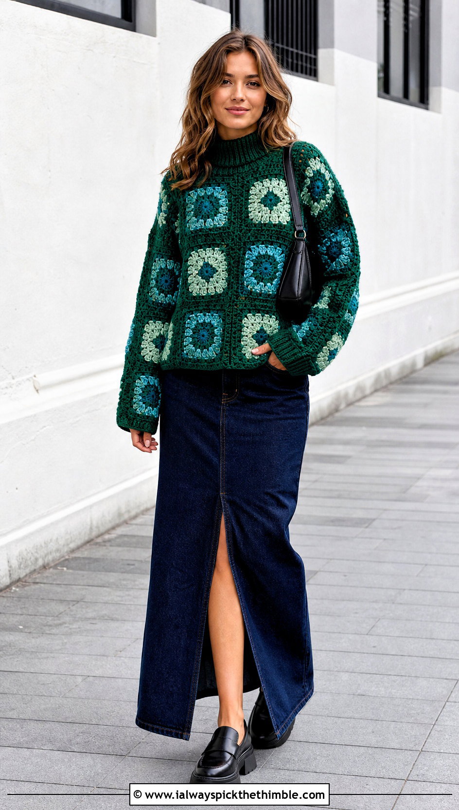Mock Neck Granny Square Pullover With Denim Maxi Skirt - 25 granny square pullover outfit ideas
