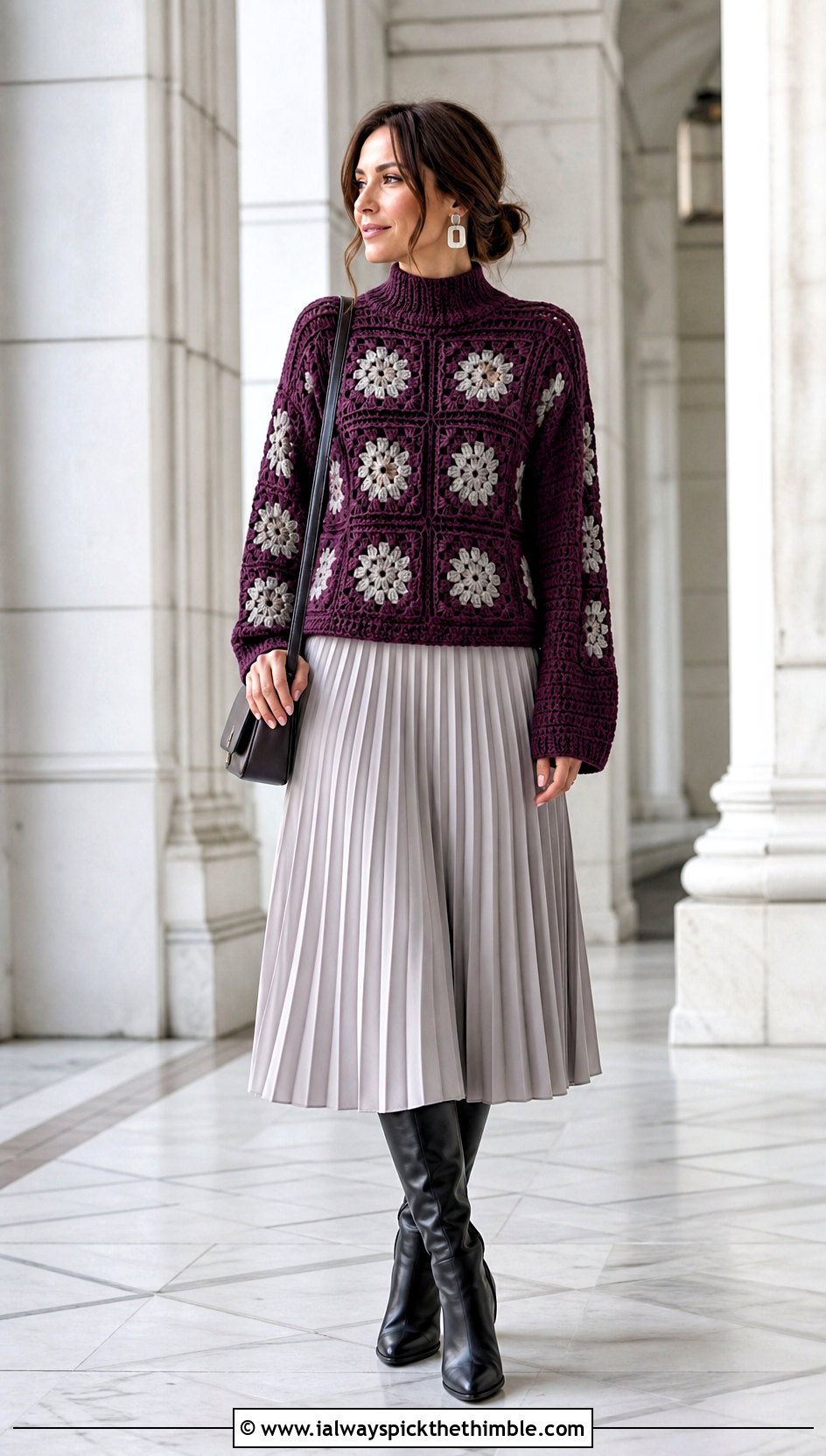 Mock Neck Granny Square Pullover With Pleated Midi Skirt - 20 crochet granny square pullover sweater outfit ideas