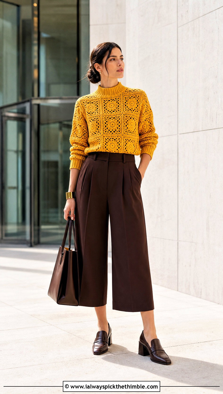 Mock Neck Granny Square Stitch Pullover With Culottes - 20 granny square stitch sweater outfit ideas