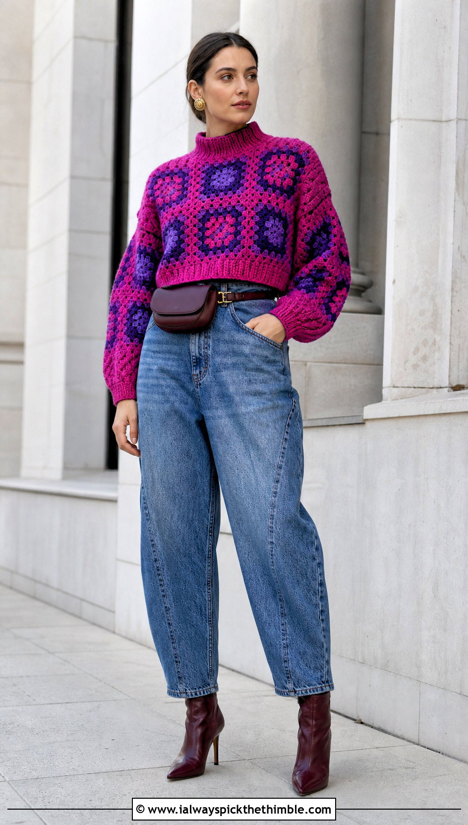Mock Neck Granny Square Sweater With Barrel Jeans - 25 granny square sweater outfit ideas