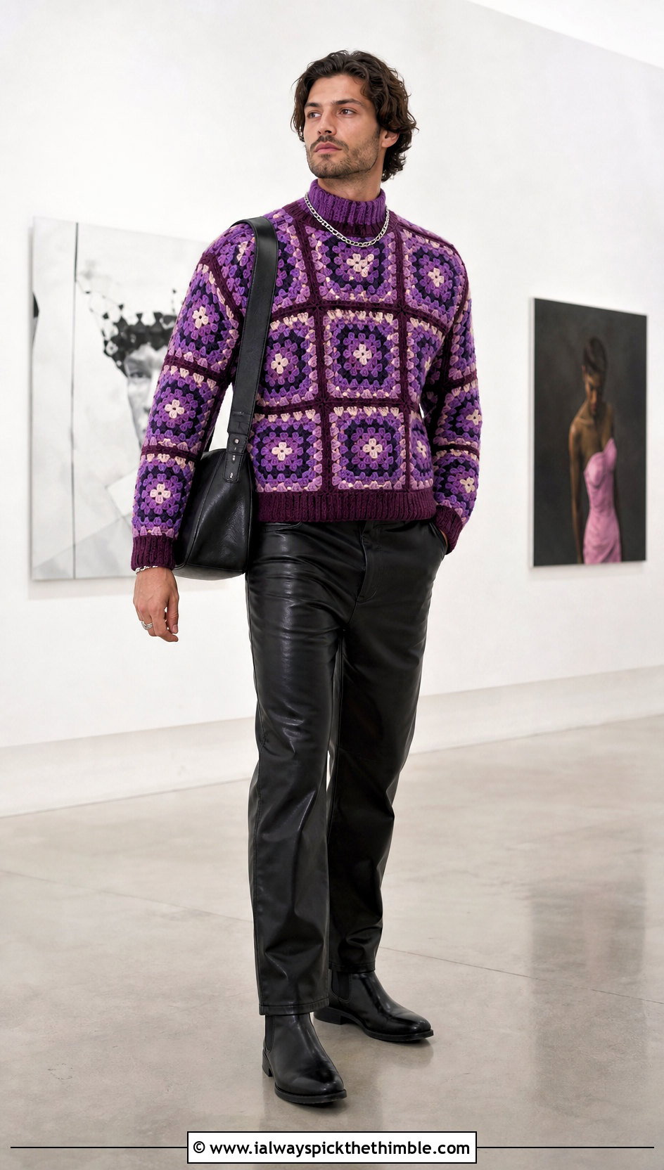 Mock Neck Granny Square Sweater With Leather Pants - 20 Crochet Granny Square Sweater For Men outfit ideas