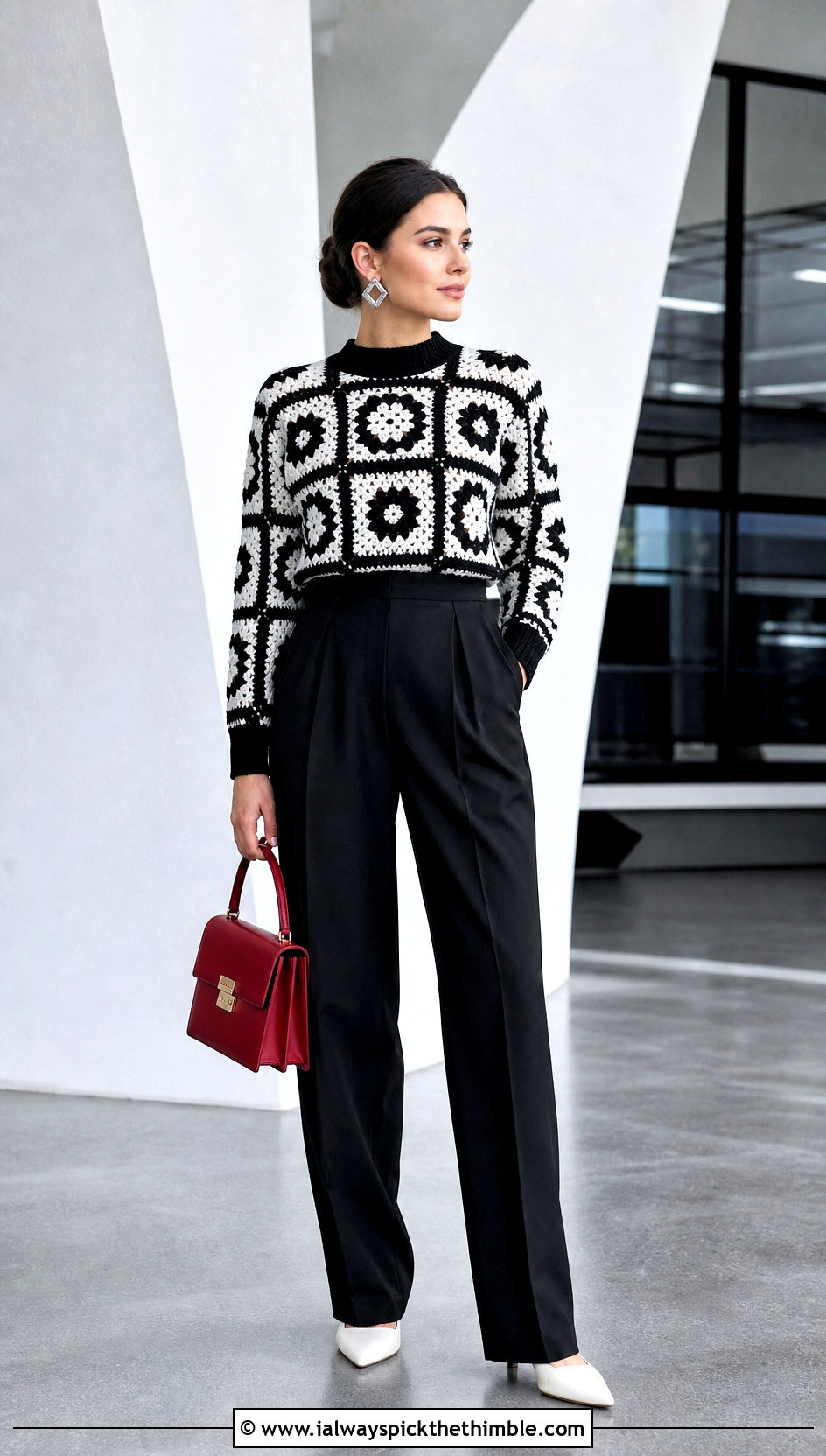 Mock Neck Granny Square Sweater With Pleated Trousers - 20 black and white granny square sweater outfit ideas
