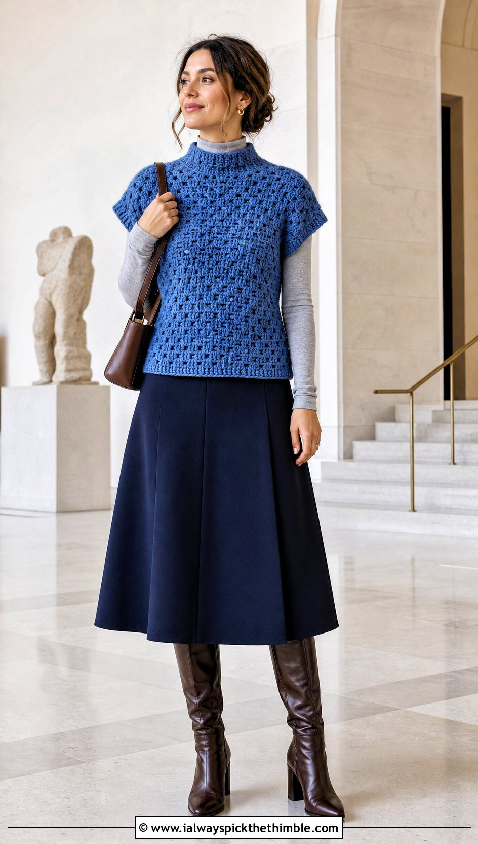 Mock Neck Granny Stitch Top With A Line Midi Skirt - 25 crochet granny stitch top outfit ideas