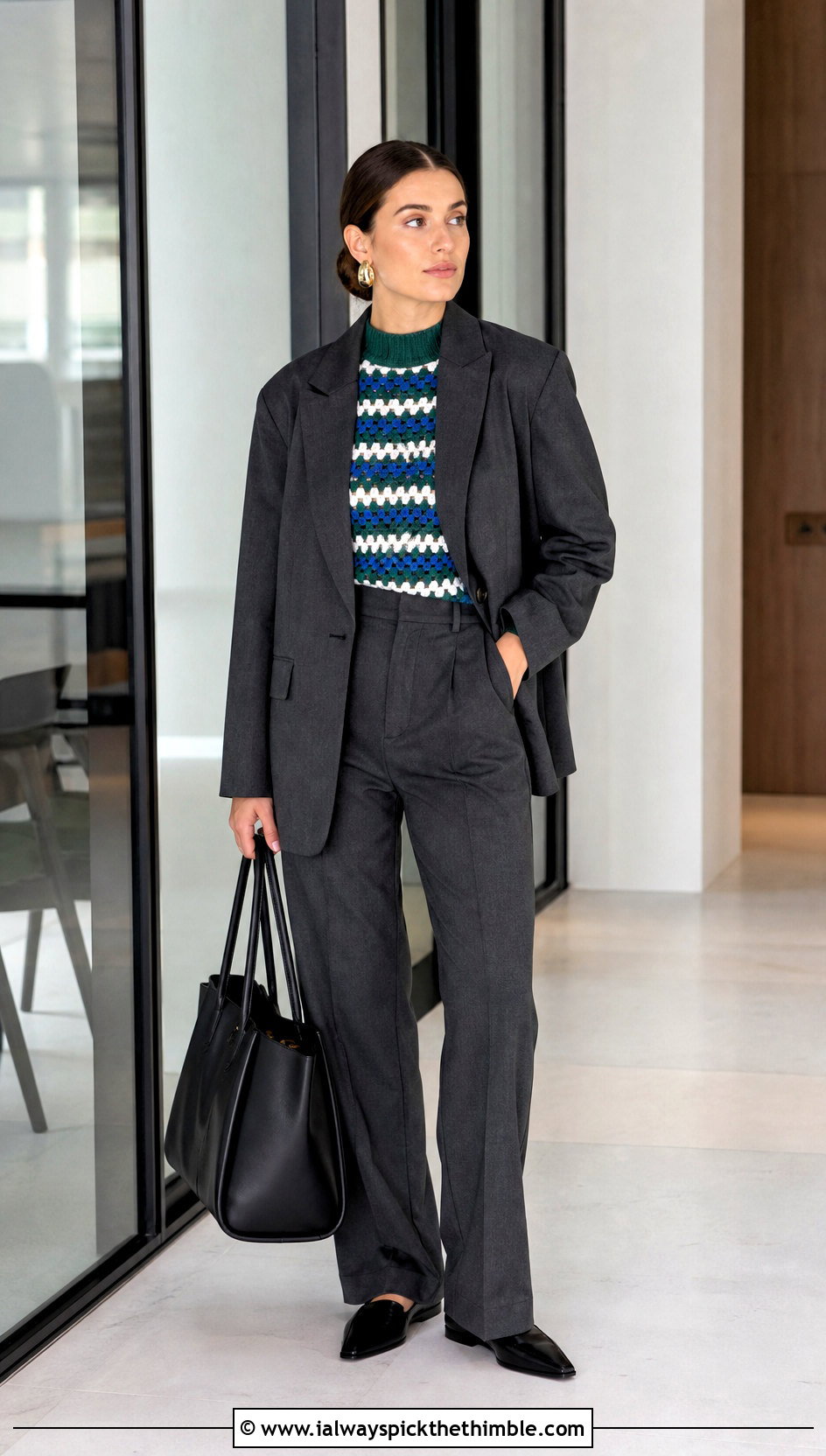Mock Neck Granny Stripe Crochet Sweater With Tailored Suit - 20 Granny Stripe Crochet Sweater outfit ideas