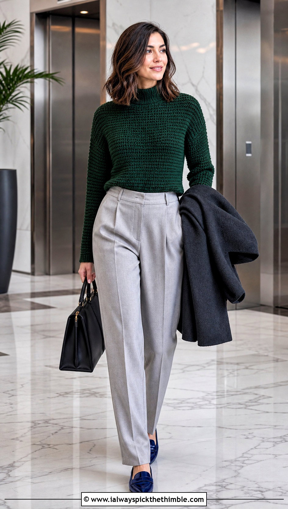 Mock Neck Green Crochet Sweater With Tailored Trousers - 25 green crochet sweater outfit ideas