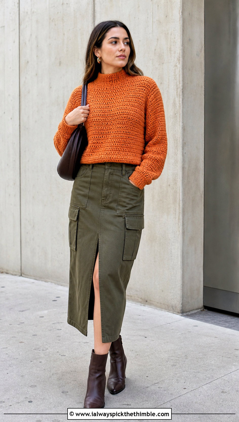 Mock Neck Half Double Crochet Sweater With Cargo Skirt - 20 half double crochet sweater outfit ideas