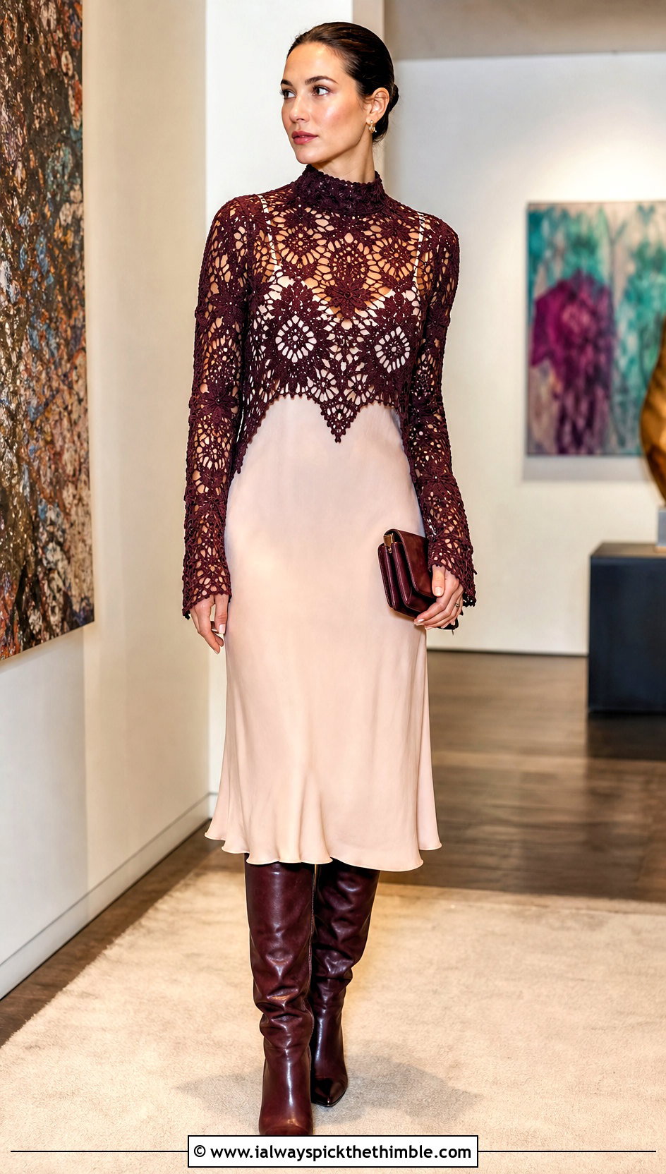 Mock Neck Lace Hollow Out Crochet Sweater Over A Slip Dress - 20 Hollow Out Crochet Sweater outfit ideas
