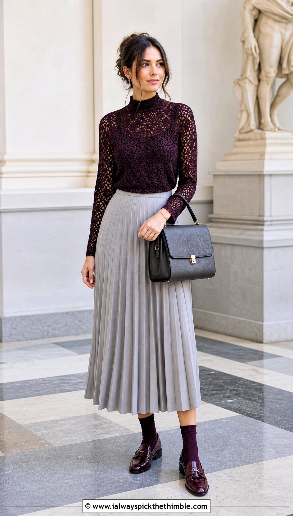 Mock Neck Lace Weight Crochet Sweater With Pleated Skirt - 15 Lace Weight Crochet Sweater outfit ideas