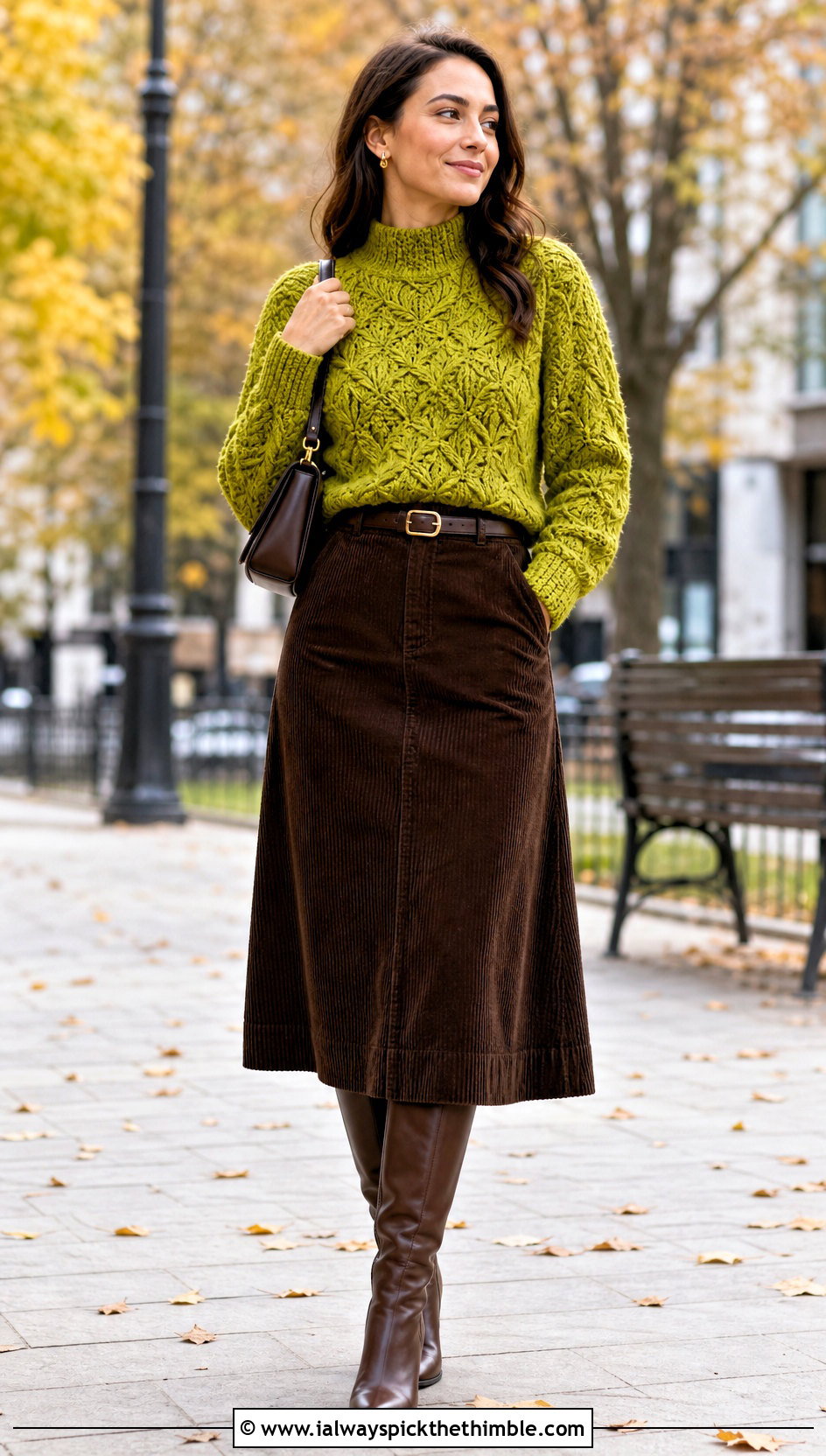 Mock Neck Leaf Texture Sweater With Corduroy Skirt - 20 crochet leaf sweater outfit ideas