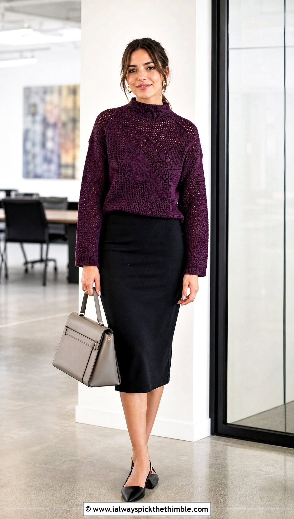 Mock Neck Manga Crochet Sweater With Pencil Skirt - 20 Anime Crochet Sweater outfit ideas