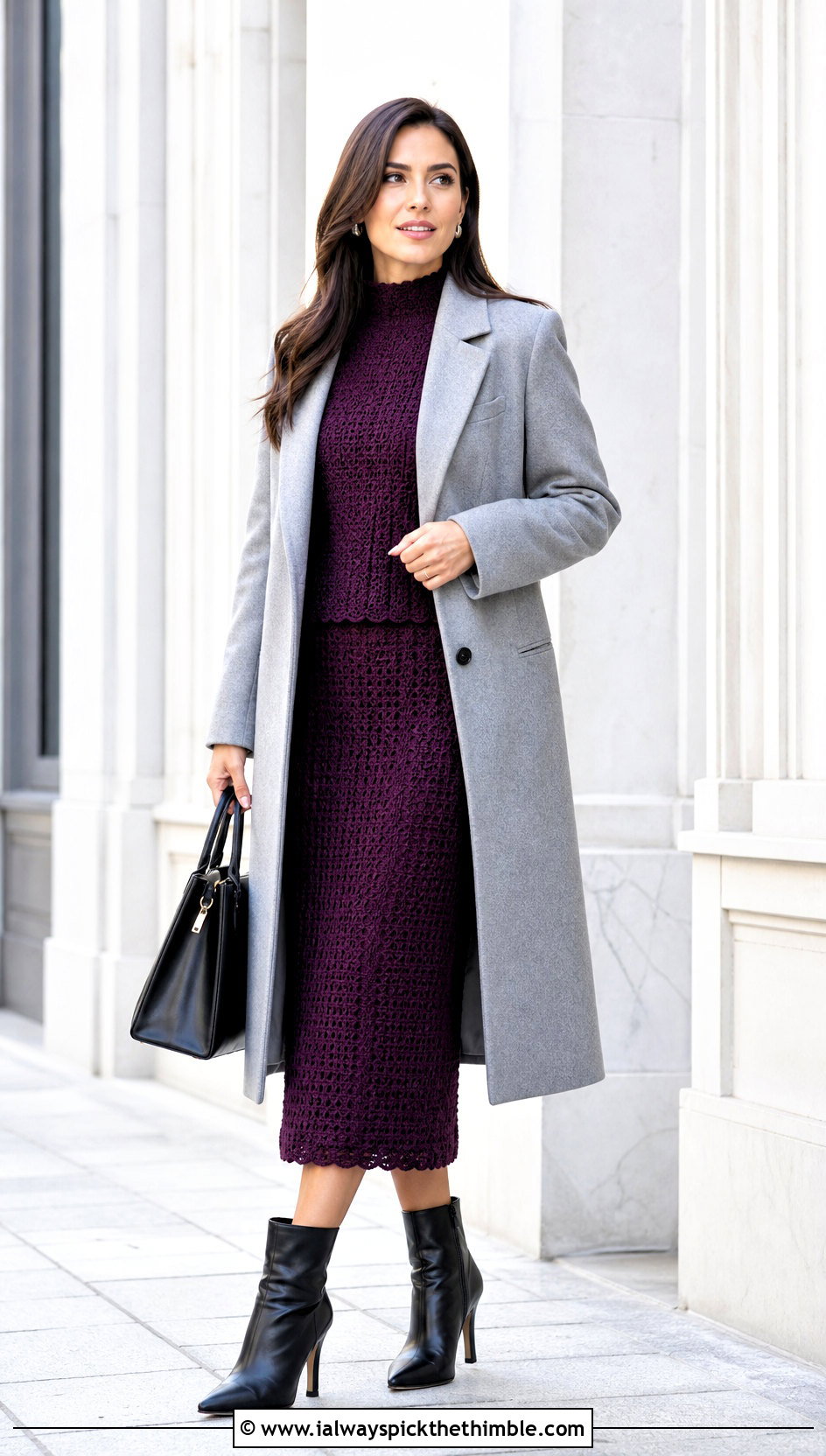 Mock Neck Midi Crochet Skirt Set With Wool Coat - 20 two piece crochet skirt set outfit ideas