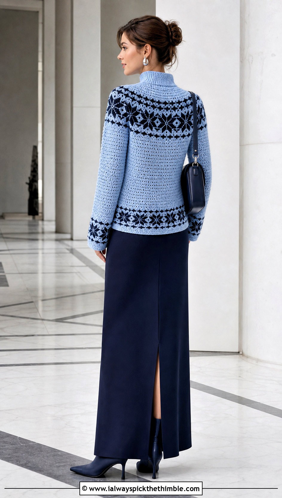 Mock Neck Nordic Crochet Sweater With Column Skirt - 20 nordic crochet sweater outfit ideas
