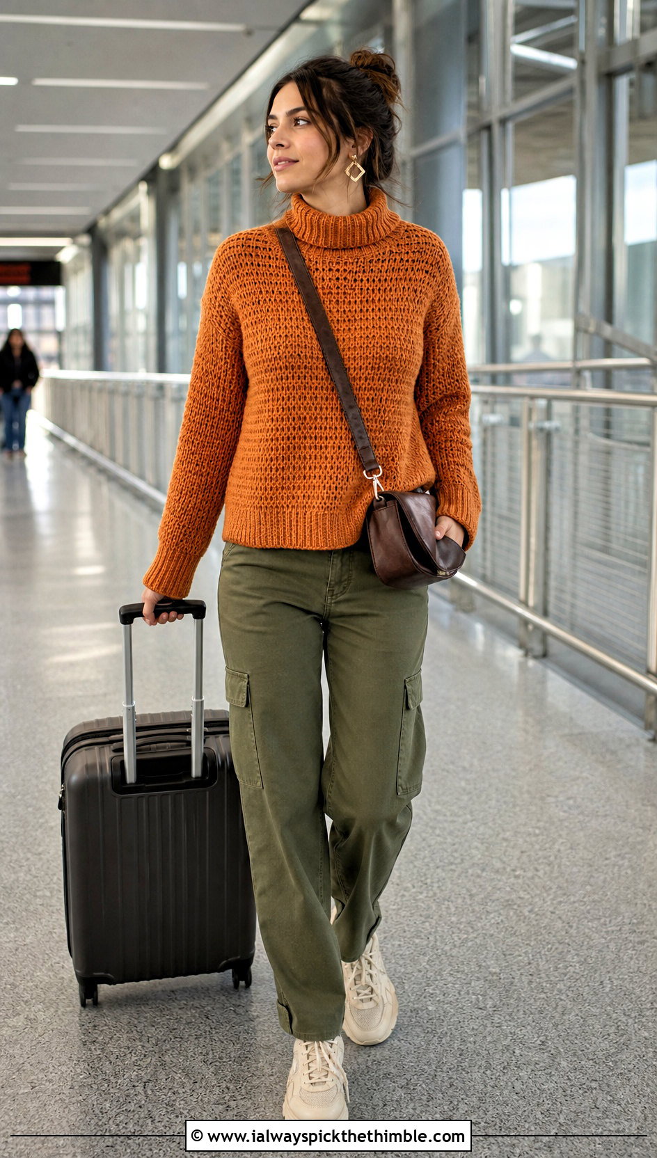Mock Neck Orange Crochet Sweater With Cargo Pants - 15 orange crochet sweater design outfit ideas
