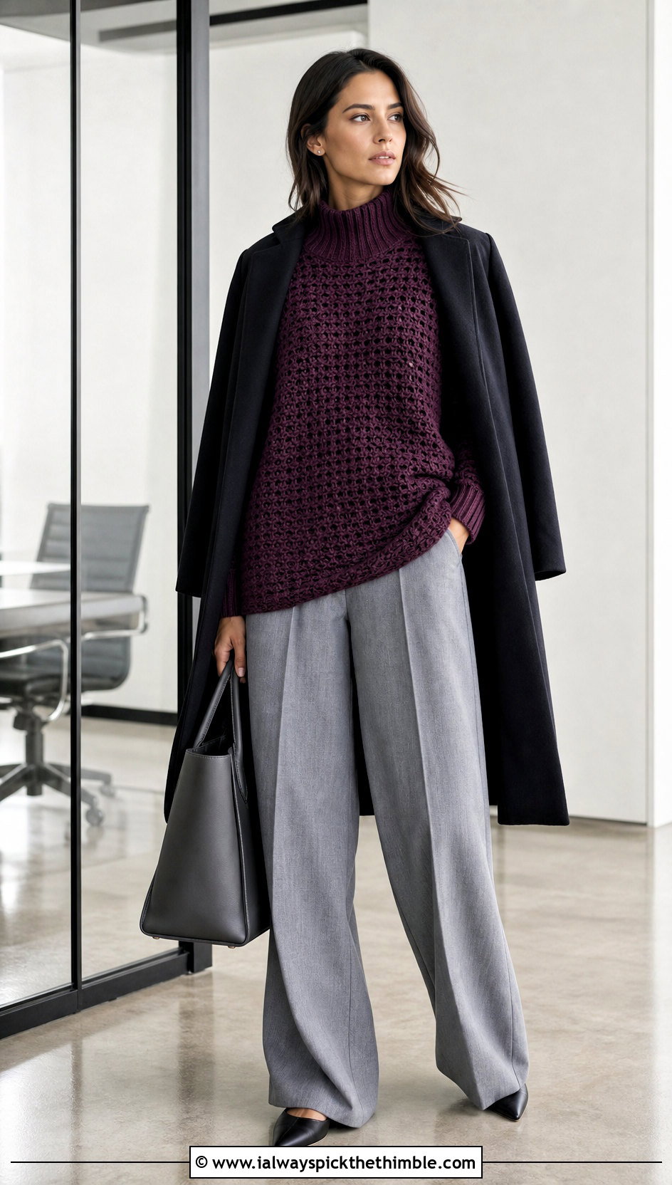 Mock Neck Oversize Crochet Sweater With Wide Leg Suit Pants - 15 Oversize Crochet Sweater outfit ideas