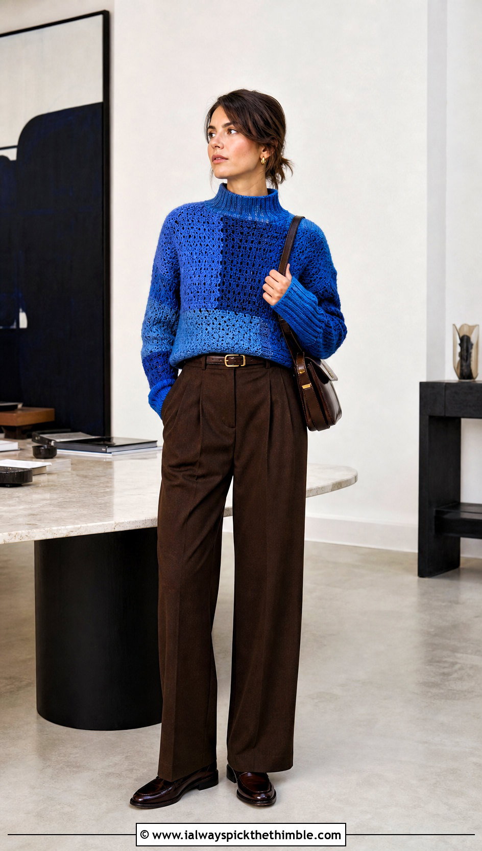 Mock Neck Patchwork Sweater With Pleated Trousers - 20 crochet patchwork sweater outfit ideas