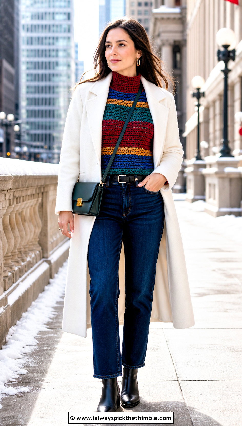 Mock Neck Rainbow Crochet Sweater With Wool Coat And Dark Jeans - 15 rainbow striped crochet sweater outfit ideas