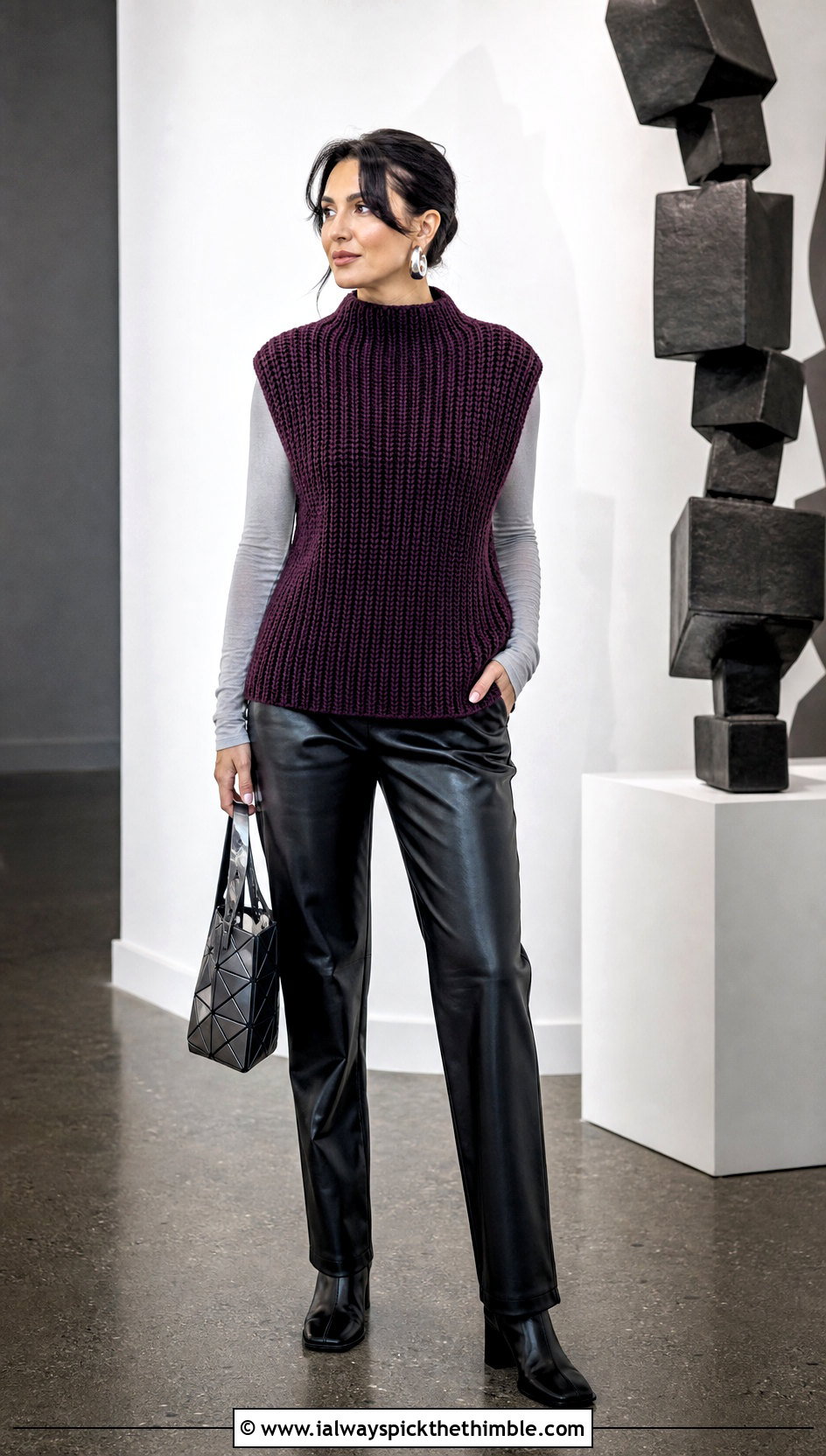 Mock Neck Rib Stitch Tunisian Crochet Sweater Vest With Leather Pants - 20 tunisian crochet sweater vest outfit ideas