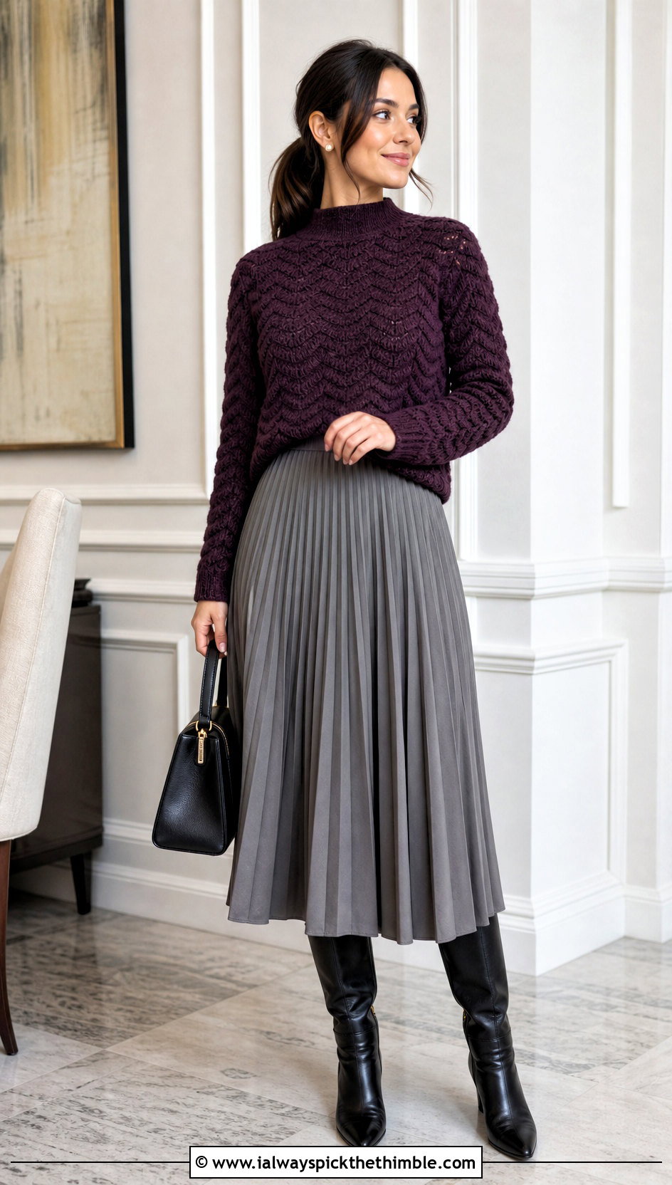 Mock Neck Ripple Crochet Sweater With Pleated Skirt - 25 wavy crochet sweater outfit ideas