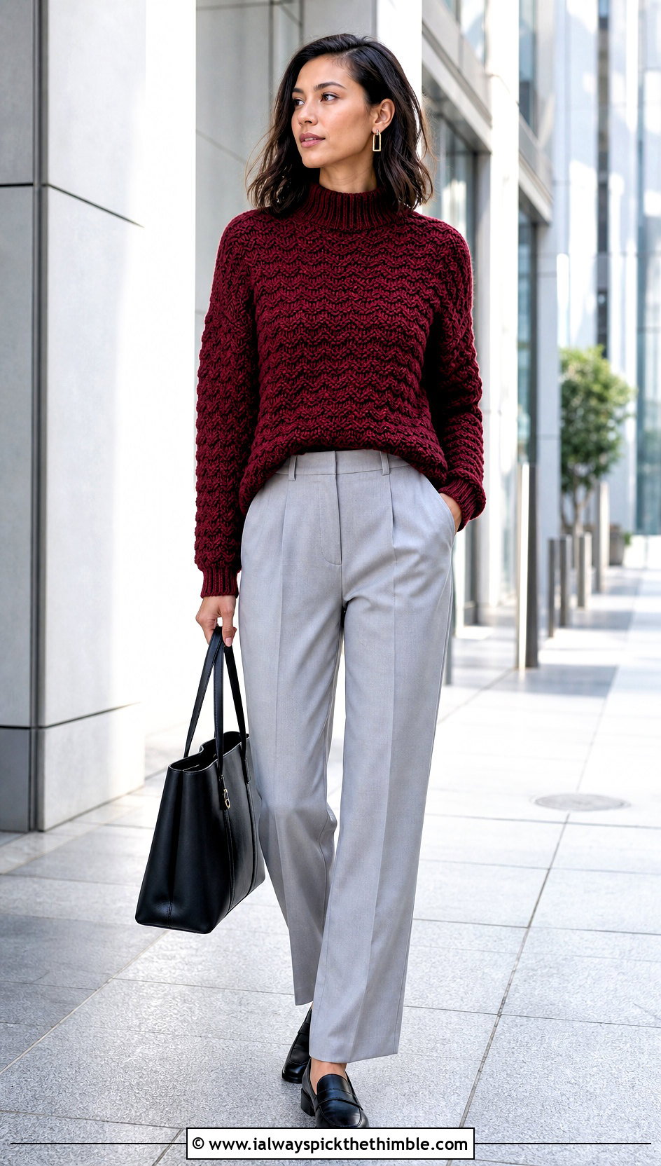 Mock Neck Ripple Stitch Sweater With Suit Pants - 20 Crochet Ripple Stitch Sweater outfit ideas