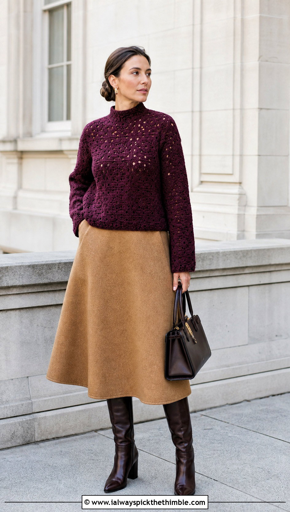 Mock Neck Square Crochet Sweater With A Line Midi Skirt - 20 Square Crochet Sweater outfit ideas