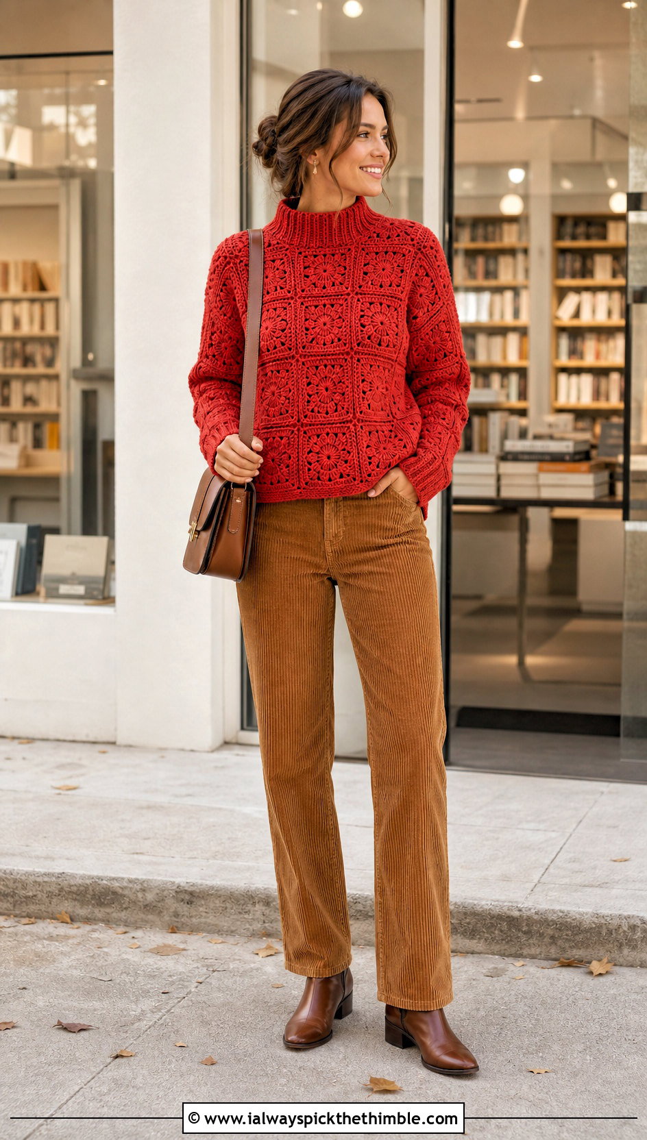 Mock Neck Square Sweater With Corduroy Pants - 25 Crochet Square Sweater outfit ideas
