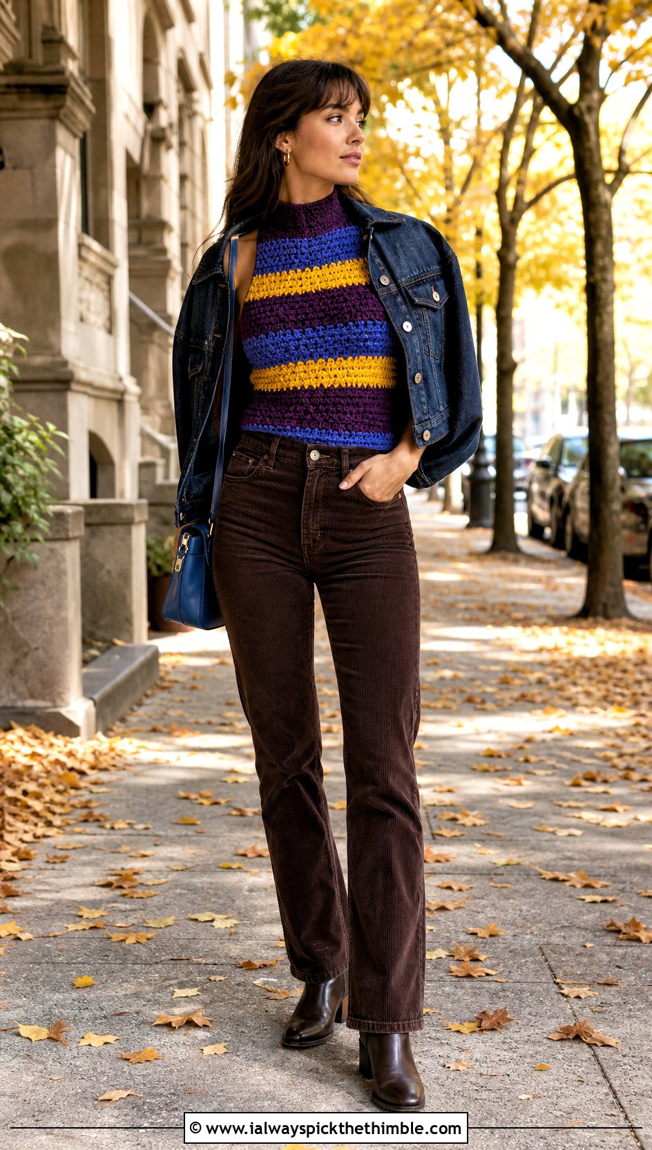 Mock Neck Striped Crochet Tank Top With Corduroy Pants - 15 colorful striped crochet tank top outfit ideas