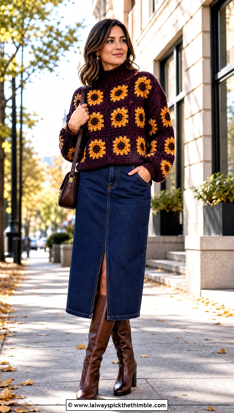 Mock Neck Sunflower Granny Square Sweater With Denim Midi Skirt - 20 sunflower granny square sweater outfit ideas