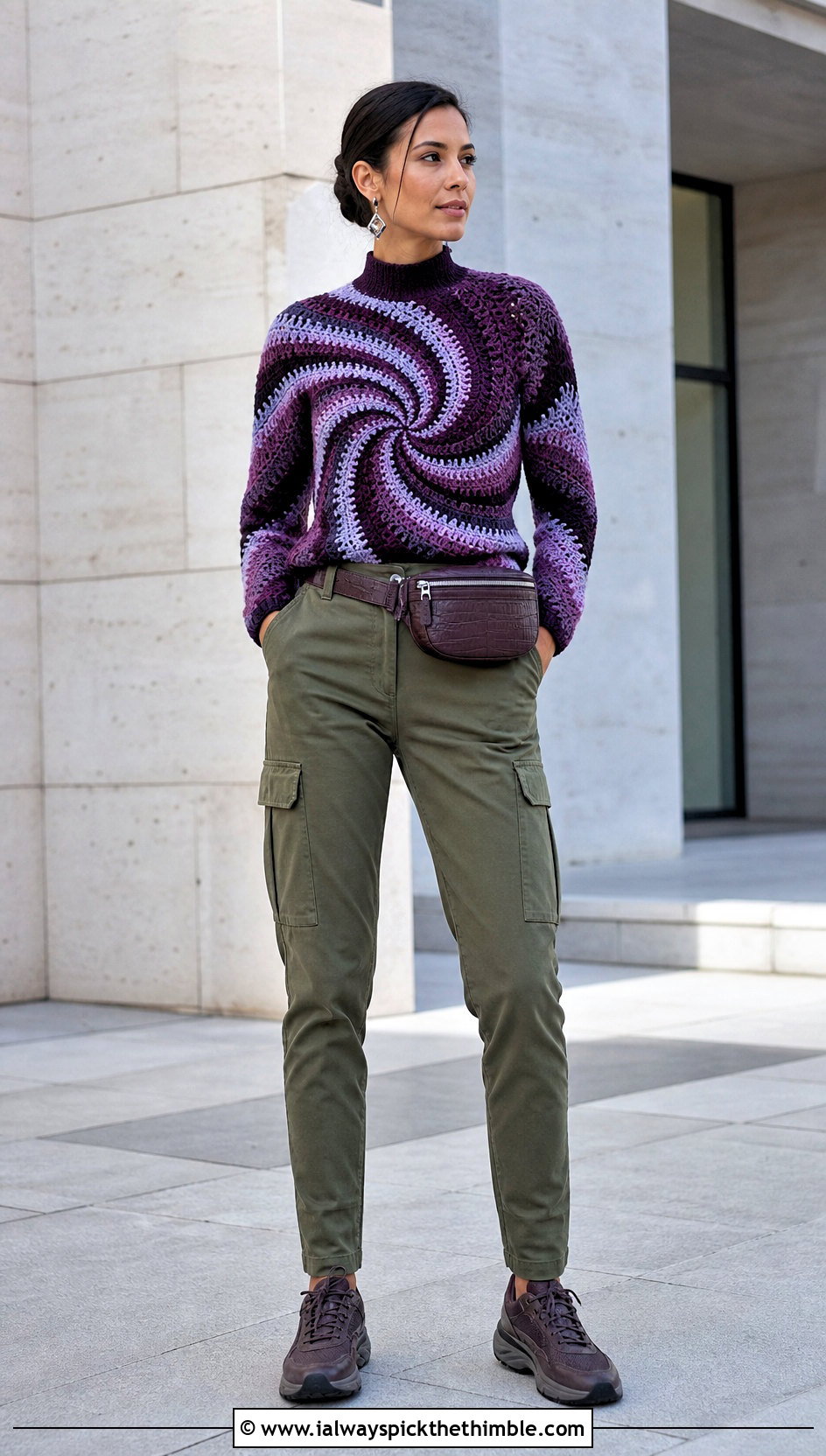 Mock Neck Swirl Crochet Sweater With Cargo Pants - 20 swirl crochet sweater outfit ideas