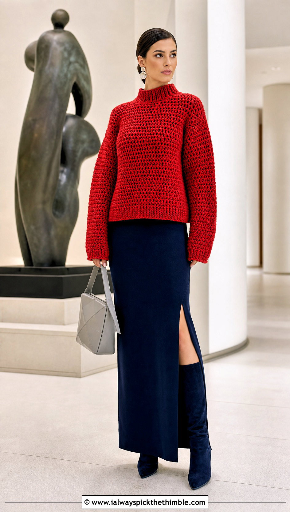 Mock Neck Thick Yarn Crochet Sweater With Column Maxi Skirt - 20 thick yarn crochet sweater outfit ideas