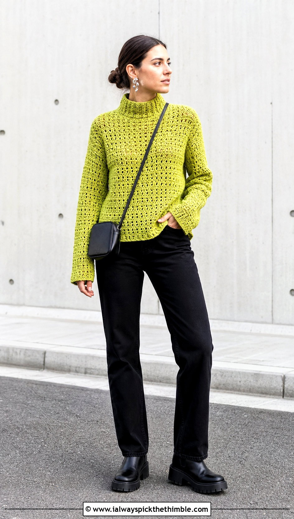 Mock Neck Top Down Crochet Sweater With Black Jeans - 25 top down crochet sweater outfit ideas