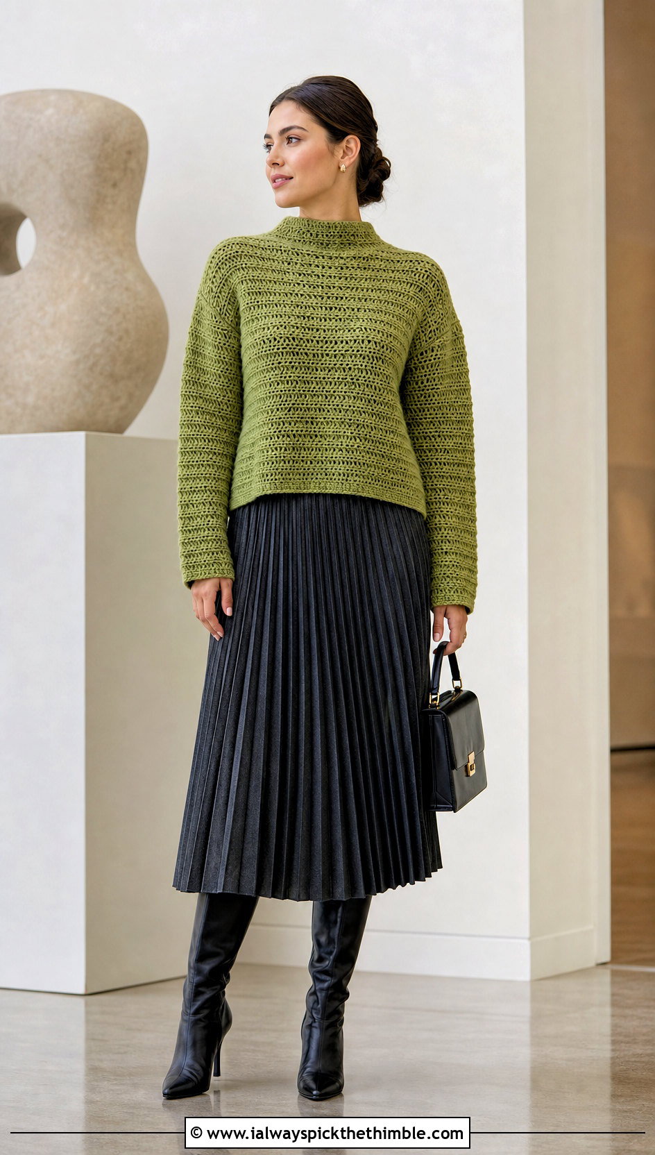 Mock Neck Top Down Crochet Sweater With Pleated Midi Skirt - 15 Easy Top Down Crochet Sweater outfit ideas